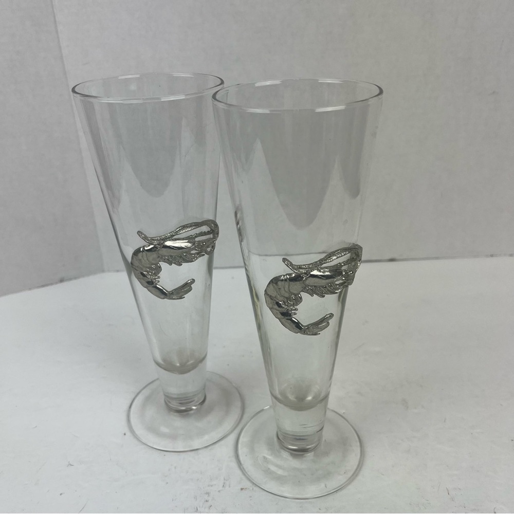 Pewter graphic shrimp Pilsner glass pair(2)